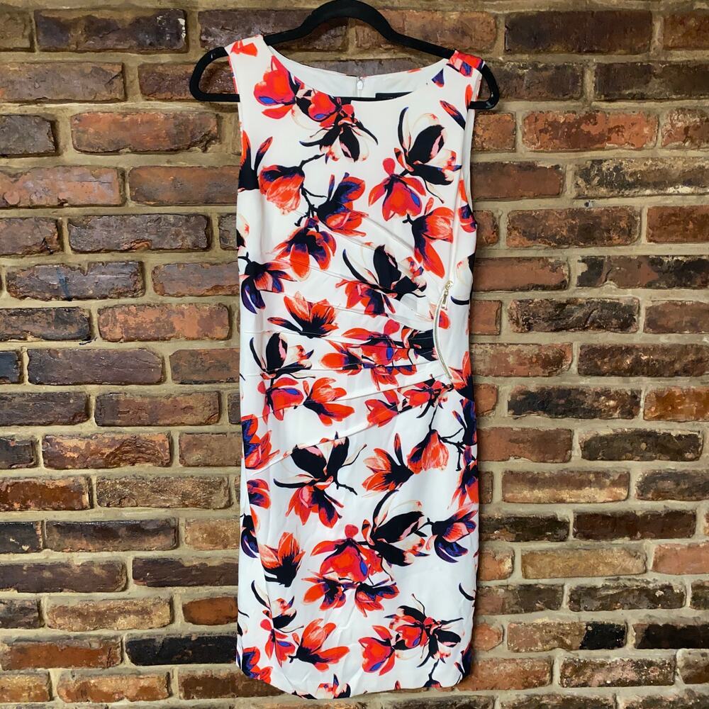 Ivanka Trump White Floral Ruched Zipper Sleeveless Sheath Dress Women's Size 6
